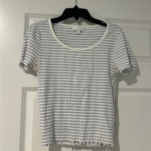 Blue and White Striped Ruffle Tee